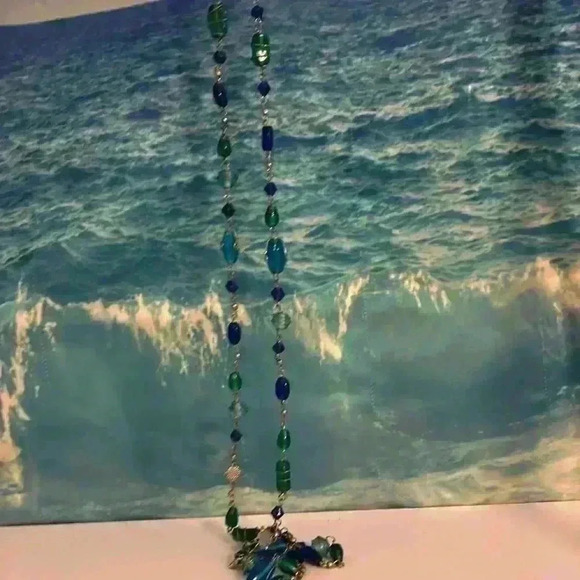 Blue Green Long Vintage Beaded Silver Tone Glass Necklace 30” - Picture 11 of 13